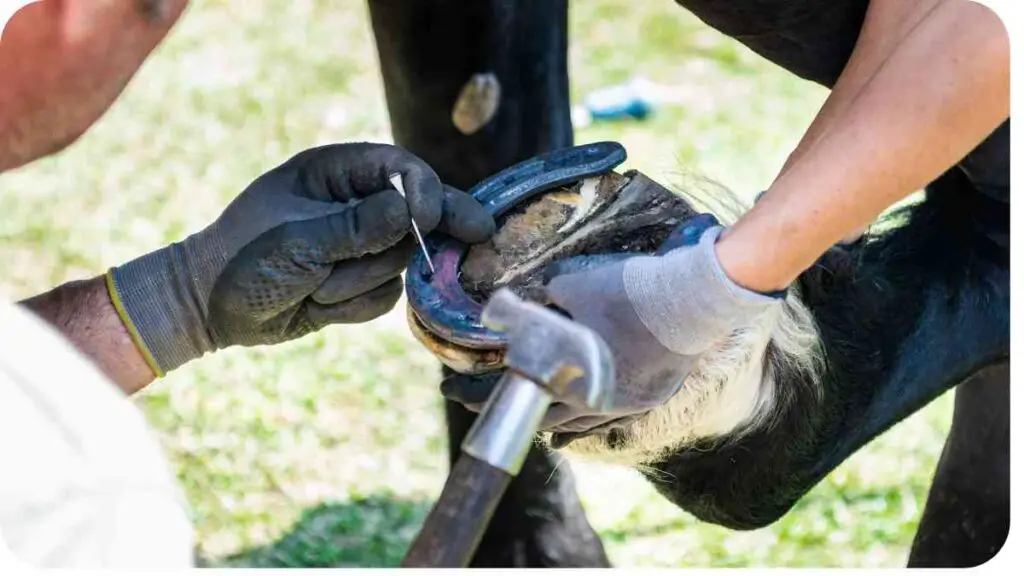 a person is trimming the hoof of a horse. (No gender, age, or ethnicity mentioned)